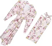 Hohopeti Mom Baby Outfit Set Maternity Nightgown Swaddle Blanket Hairband Soft Cotton Print 3pcs