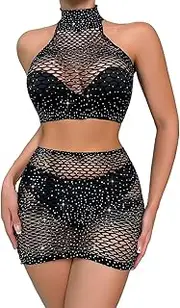 [Generic] 3 Pieces Summer Sparkle Tank Tops High Neck Crop Top with Mini Skirt Fishnet Gloves for Women Mesh Cover Ups