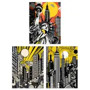 New York City Yellow Orange Statue of Liberty Skyscrapers A4 Poster 3 Pack