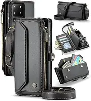ELEPIK for Galaxy S20 Ultra Case, Adjustable Crossbody Wallet Case with Card Holder, Kickstand [RFID Blocking] [Crossbody & Wrist Strap] Leather Magnetic Phone Case for Samsung Galaxy S20 Ultra, Black