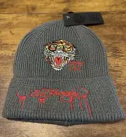 Ed Hardy Tiger Embroidered Knitted Unisex Beanie Hat Grey - NWT