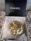 CHANEL VINTAGE 2000A NEW TAGS GOLD LEATHER CAMELLIA BROOCH PIN XL BOX TAG