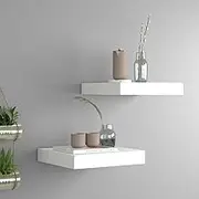 Floating Wall Shelves - White MDF Shelves, Oak Wood Wall Shelf with Hanging Ledge for Frame and Decor Display, Set of 2