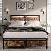 LEVEDE Queen Bed Frame Platform, Industrial Metal Bed Base with Wooden Headboard, Heavy Duty Mattress Support, Classic Bedroom Furniture, Easy to Assemble (Rustic Brown)