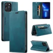 AutSpace For Apple iPhone 13 Pro Case RFID Blocking Retro Flip Premium Leather Card Holder Wallet Cover - Cyan Blue