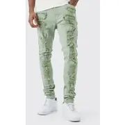 Mens Sage Tall Skinny Stretch Multi Rip & Repair Jean