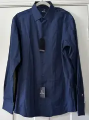 Ben Sherman NWT Mens L Button Shirt LS Navy Basketweave Slim Fit Wrinkle Free