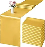 Aneco 12 Pack Satin Table Runner 12 x 108 Inch Gold Long Wedding Satin Silk Table Runner for Wedding Banquet Graduations Birthday Party Decoration