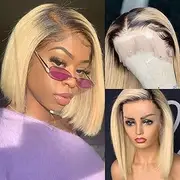 Ombre Blonde 13x4 Lace Front Wigs Human Hair Blonde with Dark Roots Glueless Bob Wig 10 Inch 1B613 Ombre Blonde HD Transparent 180% Density Pre Plucked
