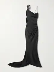[Victoria Beckham] Victoria Beckham - Asymmetric Draped Sequin-embellished Lace-trimmed Satin Gown - Black - UK 14 UK 14 Black