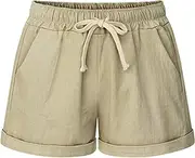 [Fuwenni] Women's Casual Elastic Waist Comfy Cotton Beach Shorts with Drawstring