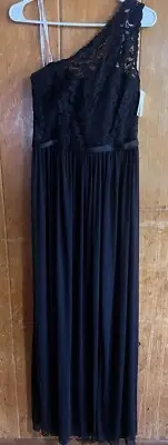 NWT David’s Bridal Womens Dress Size 8 lace lined long one shoulder black MOB
