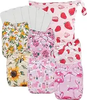 Babygoal Baby Cloth Diaper 6 Pack with 6pcs Inserts and Wet Bag for Fitted Diapers and Prefolds, Adjustable and Reusable Covers for Toddler Boys and Girls