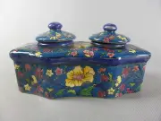 BLEUS DE LOUVIERE ENAMELLED CERAMIC INKPOT INKWELL INKSTAND HAND MADE AND PAINT