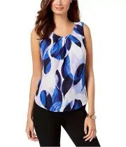 Nine West Women's Royal Multicolor Leaf Print Sleeveless Blouse Top Size Large