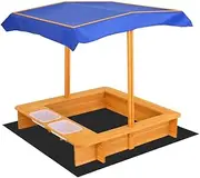 Keezi Kids Sandpit, Wooden Water Table Sand Pit Play Toys Sandcastle Garden Patio Beach Activity Outdoor Toy Games, with Adjustable Canopy Ground Sheet 2 Basins Nature Wood