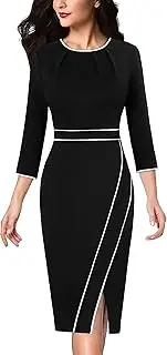 [VFSHOW] Womens Pleated Crew Neck Front Slit Work Business Office Bodycon Sheath Pencil Dress