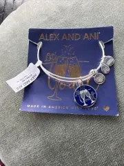 ALEX and ANI 2017 Blue LET'S TOAST Dangle Charm Silver Tone Bangle Bracelet NWT