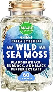 MAJU Wild Irish Sea Moss Capsules, Stronger Than Gel, 4-in-1 w/Bladderwrack + Burdock Root, Organic, Sebi Inspired, Raw, Seamoss Pills Powder, Wild