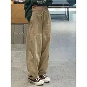 Drawstring Waist Plain Baggy Cargo Pants Khaki - S