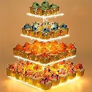 YestBuy 4 Tier Cupcake Stand Acrylic Tower Display with LED Light Premium Holder Dessert Tree Tower for Birthday Cady Bar Décor Weddings, Parties Events (Yellow Light)