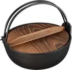 IWACHU 18cm 1-2ppl Deep Iron Pot w/Wooden Lid Nambu Tekki Nabe IRORI From Japan