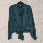 EXPRESS Blouse Womens S Teal Sheer Textured Chiffon High Neck Tie Front Elegant