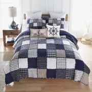 Donna Sharp Checkerboard Indigo 5-Pc Quilt Set Blue Cotton W/ Nautical Pillows