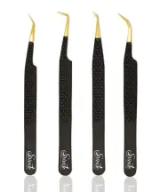 Fiber Tip Lash Tweezers for Eyelash Extensions with Diamond Grip, Black, Set ...