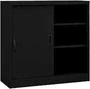 Office Cabinet with Sliding Door - Black Steel 90x40x90 cm, Sturdy Adjustable Shelves, Secure Lock for Files Storage, 60 kg Capacity