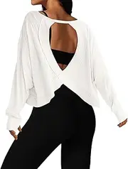 [UNIANKIYA] Open Back Workout Tops for Women Long Sleeve Athletic Crop Short Sleeve Gym Running Yoga T Shirt Casual