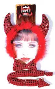 Sequin Devil Kit Horns Tail Red Fancy Dress Halloween Adult Costume Accessory