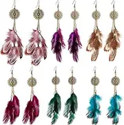 [meekoo] 6 Pairs Women Faux Feather Earrings Dream Catcher Earring Bohemian Fringe Tassel Long Drop Dangle Earrings Set with Design for Women, Faux Feather/Alloy