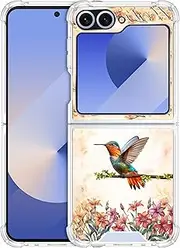 [SuzaCase] Clear Case for Samsung Galaxy Z Flip 6 - Samsung Z Flip 6 5G Case with Stylish Humming Bird Floral Printed Durable Clear Shockproof Drop Protection Back Case/Cover for Samsung Z Flip6