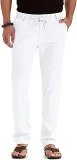 [Generic] Casual Linen Pants for Men Drawstring Elastic Waist Straight Legs Yoga Beach Summer Long Pants Lightweight Linen Trouser