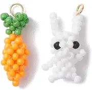 [Ornazy] 10Pcs Mini Easter Hanging Ornaments Glass Seed Beaded Food Charms Handmade Rabbit & Carrot Dangle Pendants for Jewellery Making Earring Bracelet, Non-Precious Metal