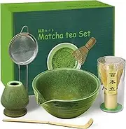 Matcha Whisk Set, 5 Pcs Ceramic Matcha Kit, Traditional Matcha Bowl with Spout, Matcha Tea Set Handcrafted Bowl, Bamboo Whisk, Tea Spatula - Japanese Tea Kit for Matcha Lovers (Kiln-Glazed Green)