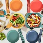 48pcs Wheat Straw Dinnerware Sets Unbreakable Plates and Bowls Set for Camping