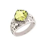 Sterling Silver 14K White Gold Plated Checker-Cut Lemon Quartz u0026 Diamond Gemstone Birthstone Ring Fine Jewelry Gift for Her