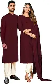 [Ethnic Emporium] Indian Couple Combo of Rayon Sequin & Thread Men's Kurta Pajama & Woman Kurti Pants Dupatta Set, Wine, Small