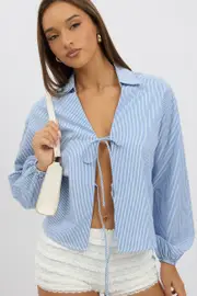 Blue Stripe Tie Up Front Top Long Sleeve - Size 16XL, Women's Jacket