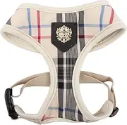 puppia Junior Over-The-Head Dog Harness Checkered Pattern No Choke No Pull Adjustable Chest Belt Walking Training for Small and Medium Dog, Medium, Beige