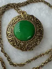 VTG RARE Max Factor Hypnotic Perfume Locket Pendant Necklace Green Cabochon FULL