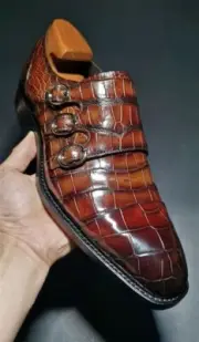 Handmade Men's Brown Crocodile Print Leather Black Shaded Triple Monk Strap Shoe