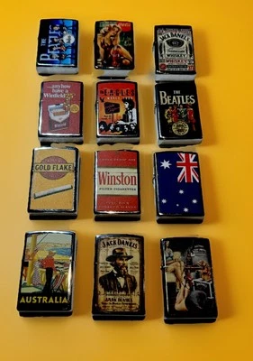 12 Pcs Windproof Oil Lighters Novelty Collectible Designs Jack Daniels Aus Coke