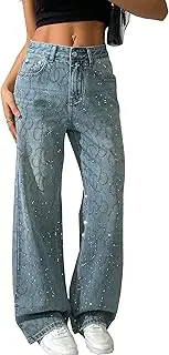 [heipeiwa] Women's Rhinestone Jeans Wide Leg Baggy Denim Pants High Waist Sparkle Shiny Sequin Trouser, Light Blue, Medium