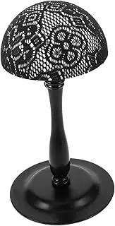 WOFASHPURET Lace Pattern Adjustable Height Wig Stand with Non Slip Base Portable Hat Display Rack for Styling Drying and Organizing Multiple Wigs and Hats Elegant Black Design