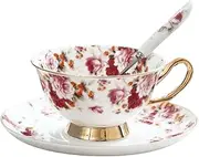 Supercap - Ceramic Tea Cup and Saucers with Gold Trim, Porcelain Bone China Exquisite Glazed Teacup, Saucer, Spoon, Turkish Coffee Mug, Espresso Latte Mug for Party (Red Wild Rose, 1pcs)