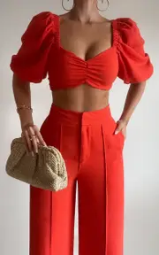 Aleydise Two Piece Set - Linen Puff Sleeve Gathered Crop Top and Pants Set in Burnt Orange
