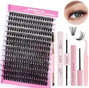 FADLASH DIY Lash Extension Kit Individual Lashes Cluster D Curl Eyelash Extension Kit D Curl Lash Clusters and Lash Applicator Tool for Self Application at Home(KIT 60D-D-12-18mm)